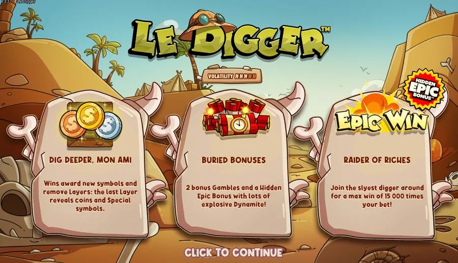 Le Digger intro splash showing MAX WIN 15,000x and the hidden epic bonus