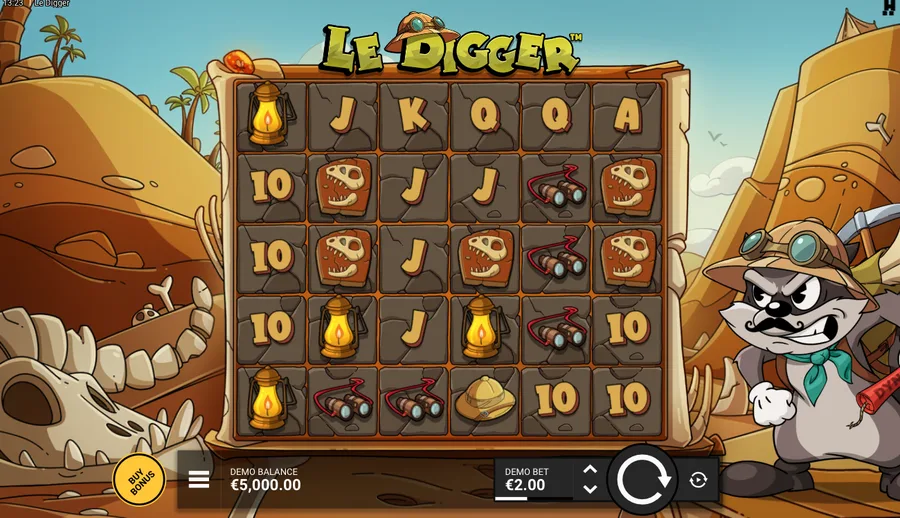 Le Digger base game - 6x5 cluster grid with the full bet UI and Smokey the raccoon on the right