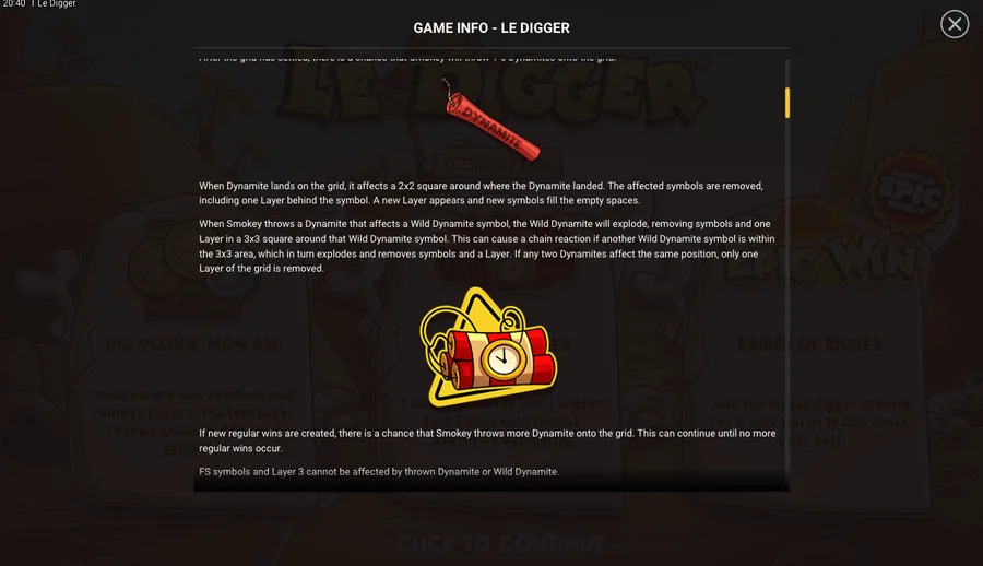 Le Digger in-game info screen showing Dynamite clearing a 2x2 square and Wild Dynamite clearing a 3x3 chain reaction