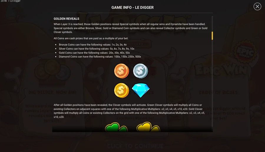 Le Digger in-game info screen of the Golden Reveals coin tiers Bronze 1x-4x, Silver 5x-10x, Gold 20x-50x and Diamond 100x-500x