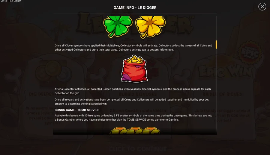 Le Digger in-game info screen for the Green and Gold Clover multipliers and the Collector symbol