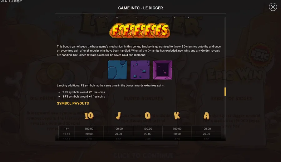Le Digger in-game info screen for the hidden Gold Digger bonus alongside the symbol payout table