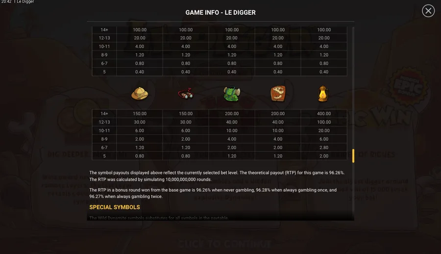 Le Digger in-game paytable showing the theoretical RTP note of 96.26%