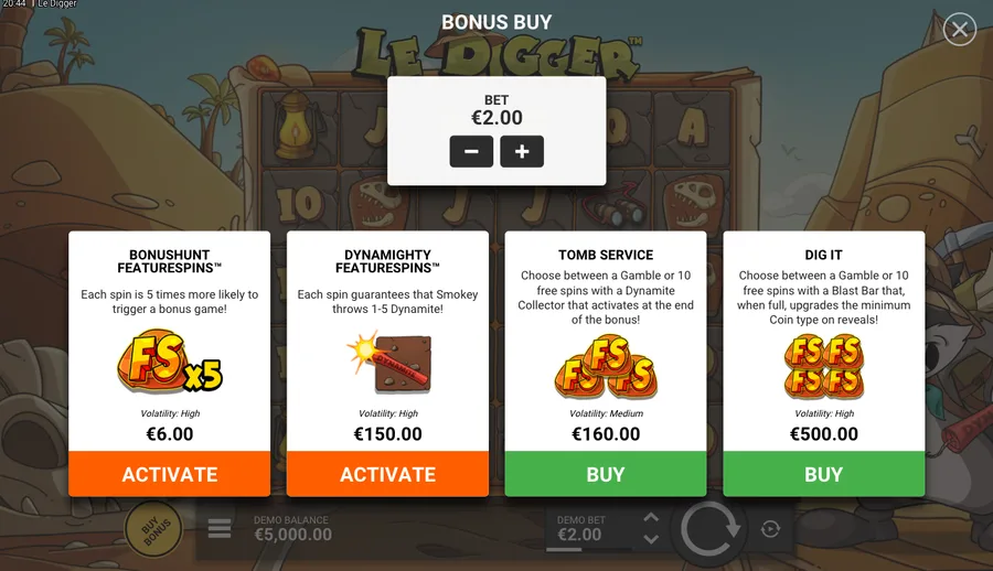Le Digger Bonus Buy menu listing BonusHunt, Dynamighty, Tomb Service 80x and Dig It 250x with prices