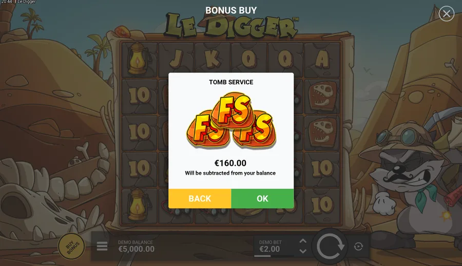 Le Digger Tomb Service buy-confirmation dialog before starting the bonus round