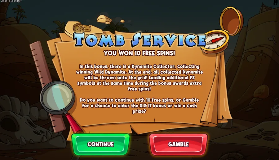 Le Digger Tomb Service bonus intro screen showing 10 free spins won and the Dynamite Collector