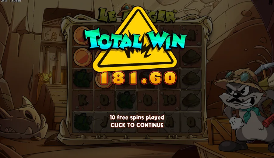 Le Digger Golden Reveals inside a bonus round showing Bronze and Silver coins, a green Clover x4 and a large total win on the grid