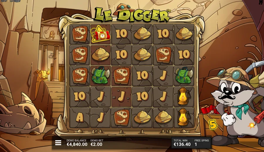 An in-bonus cluster win on Le Digger with the Layers grid digging down and several Wild Dynamite symbols on the reels