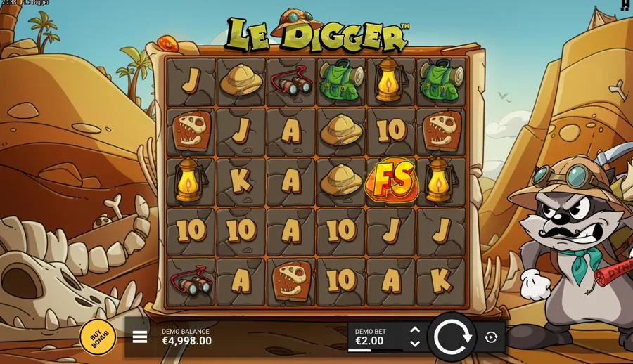 Le Digger base 6x5 grid after a spin with a Free Spins scatter lit on the reels