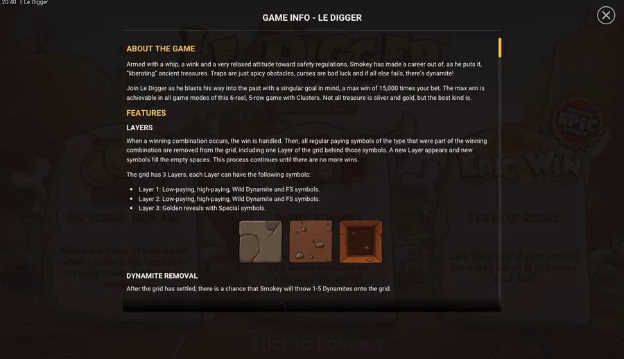 Le Digger in-game info screen explaining the three-layer grid and reaching Layer 3 for Golden Reveals